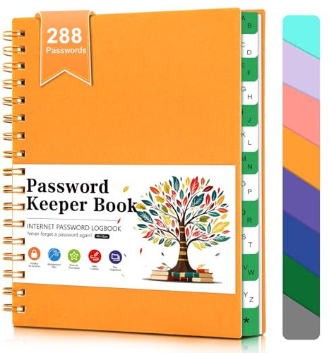 BLESWIN Passwortbuch mit Register A-Z - Internet-Passwortbuch mit Alphabetischen Registern, A6 Größe, Kleines Passwortbuch, Spiral-Passwortbuch für Senioren, Passwortjournal für Zuhause, Orange