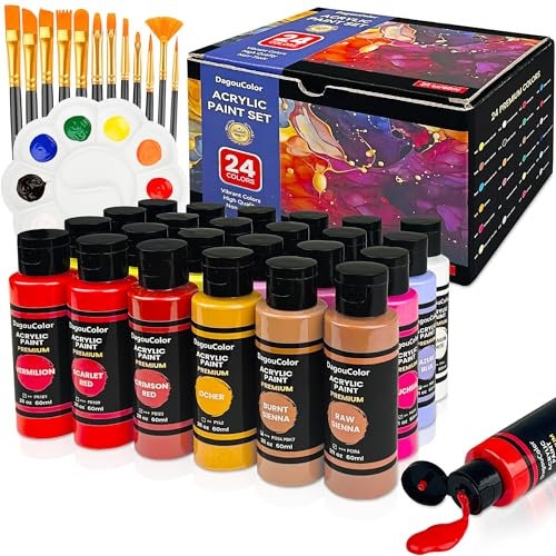 DagouColor 49 PCS Peinture Acrylique Set - 36 couleurs * 2oz / 60ml Art Craft Paint Bouteilles, 12 pinceaux, 1 palette, fournitures d'art cadeaux pour les artistes enfants