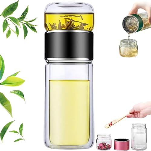 2025 New Double-Layered Glass Tea Infuser Bottle | 3-in-1 Smart Loose Leaf Tea Maker & Steeper, Tea Flood Cup for Brewing Loose Tea (Black, 350ml)