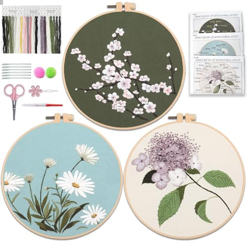 Aucuu Set med 3 blommönster, handbroderi-kit, startkit för broderi, inkluderar 3 mönstrade broderitdukar, trådar, 3 pappersinstruktioner, 6 nålar, 1 ring, andra tillbehör och videohandledning