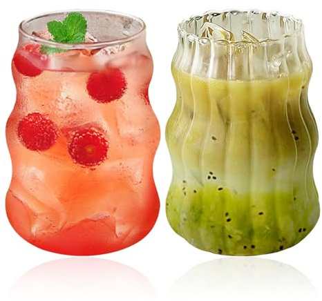 Dzaayediiy 2 Pcs Vintage Drinking Glasses Ribbed Glassware,Matcha Cup Rustic Vintage Durable and Stylish Glass Cups for Everyday Use Creative (Cloudy Cup 2PCS)