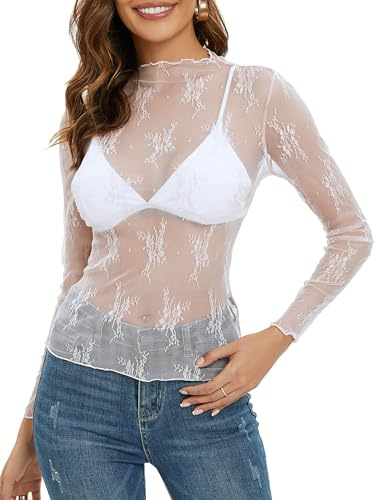 BUNSLOOM Skärm nättröja för kvinnor, spets, blommönster, ståkrage, transparent, tajt undertröja, lager toppar, blus, Vit, M