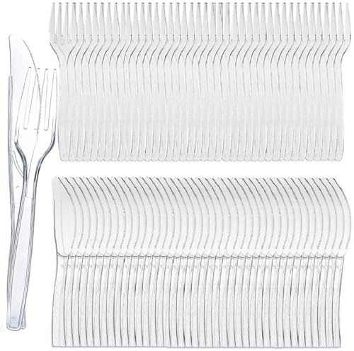 Cubiertos de Fiesta Reutilizables, Cubiertos de Plástico Transparente,Reutilizable, 200PCS Tenedores Plástico Cuchillos Accesorios de Fiesta para Bodas Camping