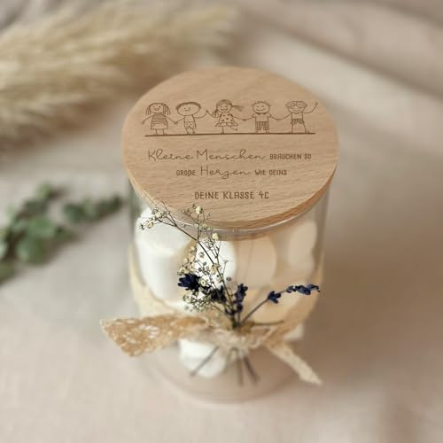 Vorratsglas personalisiert mit Holzdeckel – Abschiedsgeschenk Lehrerin Erzieherin – Glas mit Namen & Motiv – Danke Geschenk Schule Kita Danke 880 ml / 1210 ml (Kleine Menschen - Gravur, 880 ml)