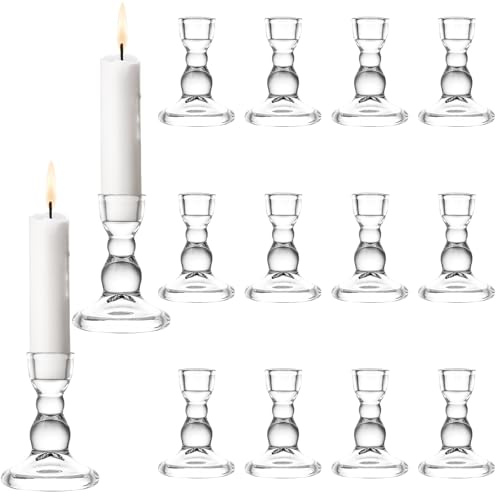 LOPYXBR 12 Stück Kerzenständer Stumpenkerzen, 9cm Höhe Stabkerzenhalter Glas, Kerzenhalter Stumpenkerzen, Transparente Kristall Teelichthalter, Kerzenhalter Glas für Hochzeit, Essen, Geburtstag