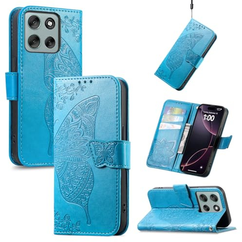 JIUNINE Bokfodral för Motorola Moto G56 5G, blå | Konstläderfodral, präglad fjärilar, magnetisk stängning, kortplatser, vikbart stativ, 360° skydd