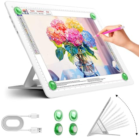 Zocelight Wiederaufladbares A4 Leuchttisch mit integriertem Ständer,superheller magnetischer light box mit physischen Tasten,Lichtkasten für diamond painting,Leuchtplatte für Skizzieren(Weiß)