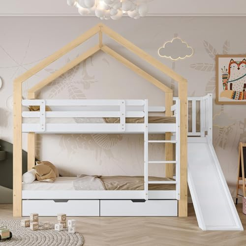 PUGSDRLY Lit Superposé Enfant avec Toboggan,2 Tiroirs à roulettes,Toit de Cabane,Lit Cabane Enfants 90x200 cm avec Barrières,Sommier à Lattes,pour Garçons Filles,Blanc Naturel