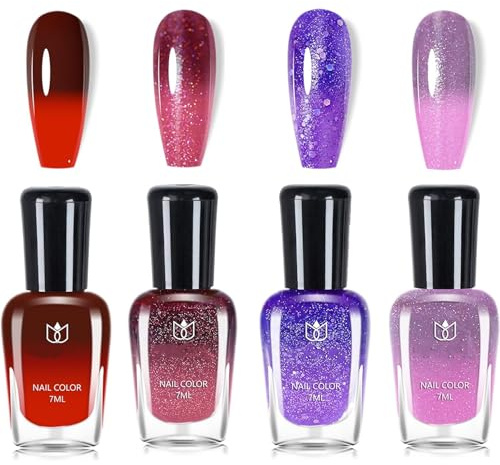 4 Colors Temperature Changing Nail Polish Set - Quick Dry No UV Needed, Glitter Chameleon Color Shifting Varnish, Long Lasting Chip Resistant Glossy Manicure Kit