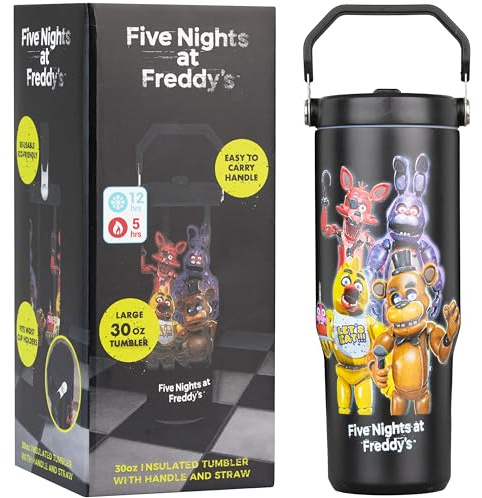 Get Trend Five Nights at Freddy's Bicchiere Termico 30oz (850ml), Borraccia Termica Senza BPA Acciaio Inox con Cannuccia, Coperchio Ermetico e Manico, Freddo 12 Ore Caldo 5 Ore