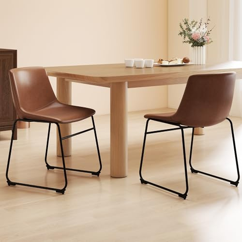 LSSBOUGHT Dining Chairs Set of 2, Mid-Century Modern Dining Room Chair Kitchen Chairs, PU Leather Farmhouse Upholstered Dinner Chair for Kitchen Dining Room,Brown