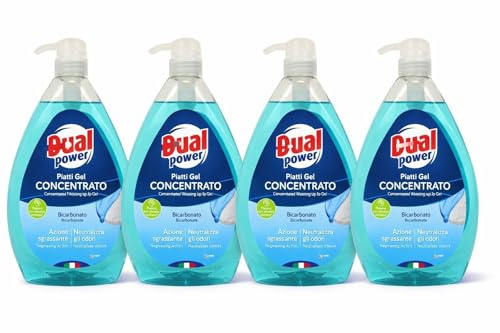 DUAL POWER Gel Concentrato Piatti al Bicarbonato, Azione Sgrassante, 4 Confezioni da 1L, Detergente Liquido