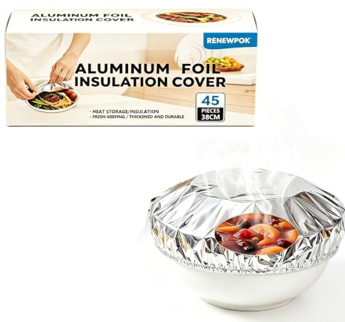 45pcs Repeatable Aluminium Foil Film Insulation Cover,Aluminum Foil Food Covers,Kitchen Fresh-Keeping Insulation Film,Reusable Elastic Bowl Covers,Adjustable Food Storage Covers for Kitchen 38CM