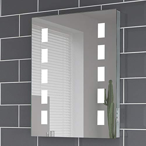 Pebble Grey Illuminated Bathroom Mirror with LED Lights 390x500mm IP44 Rated - Lola LED Bathroom Mirror with Shaver Socket,Concealed Heated Demister Pad, & Motion Sensor, Wall-Mounted Vanity Mirrors