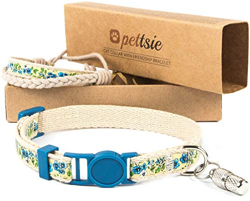 Pettsie Katzenhalsband mit Sicherheitsverschluss und Freundschaftsarmband | 100% Baumwolle, ID-Tag enthalten, Freundschaftsarmband für Sie, D-Ring für Zubehör