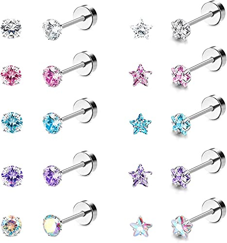 ADRAMATA 10 Pairs 18G Ear Stud Earrings for Women Stainless Steel Round Star Cubic Zirconia Earrings Tragus Cartilage Piercing Barbell Screw Back Earrings Set