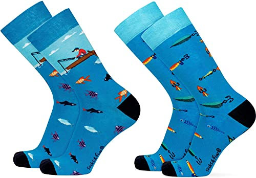 2 Paar Lustige Socken | gemusterte Socken mit verschiedenen Motiven und Farben | Mit Piqué-Komfortbund | Aus Baumwolle, Polyamid und Elasthan Farbe Angler Größe 36-41