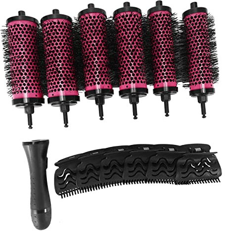 Tiamu 6 Teile Keramik Rundbürste und Lockenwickler, Ionen Haarbürste, Lockenbürste Set Mit Abnehmbaren Rollen Rundes Styling Werkzeug, Friseur Bürste, Rundbürste mit Clips für lockiges Haar, Geschenke