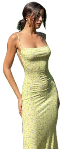 Betrodi Women Cutout Backless Maxi Dress Sexy Sleeveless Floral Print Cocktail Dresses Bodycon Spaghetti Strap Long Dress Y2k (A Yellow Cute, S)