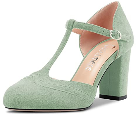 Castamere Women Chunky Block High Heel Round Toe Pumps Court Shoe T-Strap Buckle Wedding Office 8.5 CM Heels