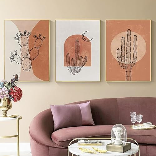 Hava Kolari Line Art 3er Poster Set, Moderne Bilder Wandbilder Set, Ohne Rahmen, Kaktus Bilderset Leinwandbilder Kunstdrucke für Wohnzimmer Deko (40x50cm)
