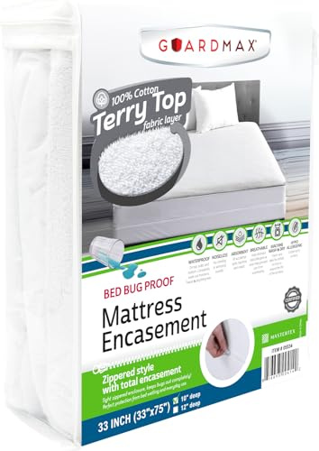Guardmax Cot Mattress Encasement Zippered, 100% Waterproof Mattress Protector, Soft & Absorbent Cotton Terry Top Mattress Cover for Kids, Adults, & Pets, Bed Bug & Dust Mite Proof Bed Cover (White)