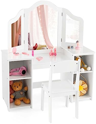 LIFEZEAL Barnsminkbord för flickor med spegel och hyllor, sminkbord i trä med stol och 4 fack, vikbara och avtagbara speglar, 100 kg belastning, 2-i-1 design (vit)