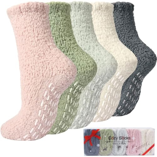 Caldodo Chaussettes Chaudes Antidérapantes Femmes Hiver, Chaussettes Chaussons Avec Poignées, Épaisses et Moelleuse Chaussettes Idée Cadeau pour Elle, 5 Paires