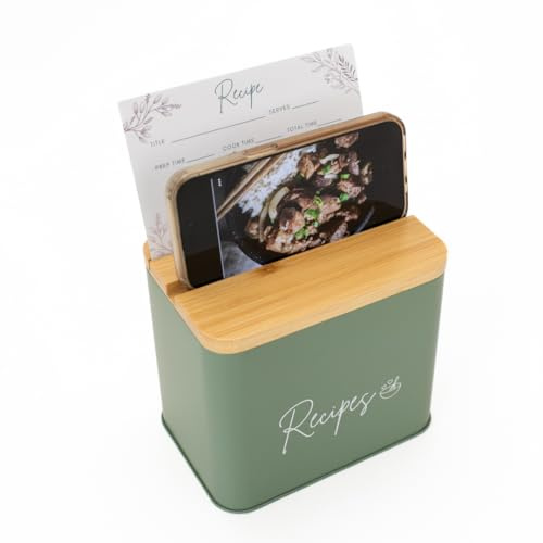 Sage Green Recipe Organizer with Wooden Lid - Set Includes 12 Dividers & 30 Blank 4 x 6 Recipe Cards