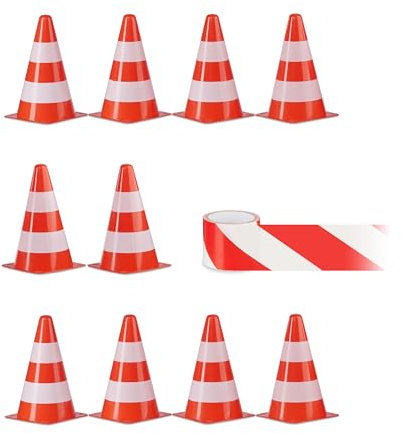 Relaxdays Pylonen 10er Set mit 50 m Absperrband & Aufbewahrungsbeutel, Markierungskegel, Verkehrshütchen 22,5 cm, orange