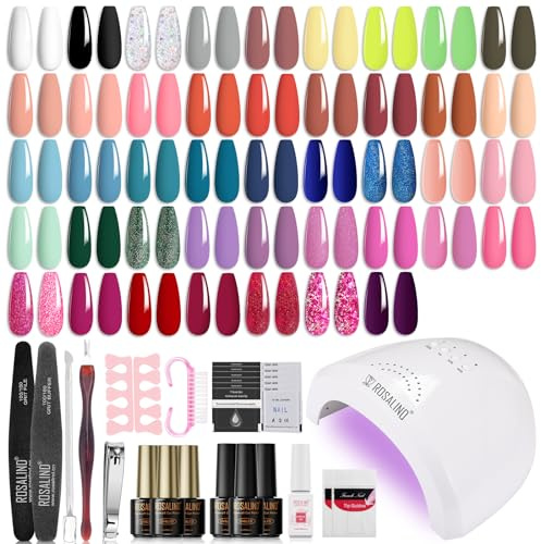 ROSALIND Kit Uñas Semipermanentes, 48W Lampara uñas semipermanentes, 43 Colores Kit Pintauñas Gel Completo UV Blanco Gris Negro Amarillo Glitter Esmaltes Permanentes Manucira