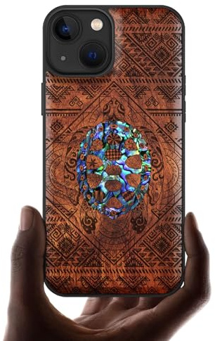Carveit Étui Magnétique pour iPhone 13 Coque Luxe Cover [Bois et Incrustation de Coquille] Etui Compatible Magsafe avec Apple 13 Case (Rosé-La Tortue au Milieu de Zendoodle)