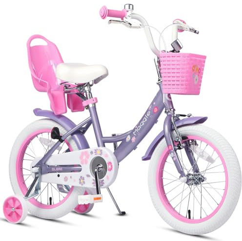 Glerc Maggie 16-Tums Barncykel För 4-5-6-7 År. Småflickors Bäbiscykel Med Docksäte, Korg Och Stödhjul. Presentidé I Lila