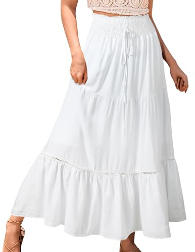 Genfien Women Skirts Elastic High Waist Maxi Skirts for Women 2 in 1 Vintage Maxi Skirt Summer Long Dresses Elegant A-Line Beach Skirt White
