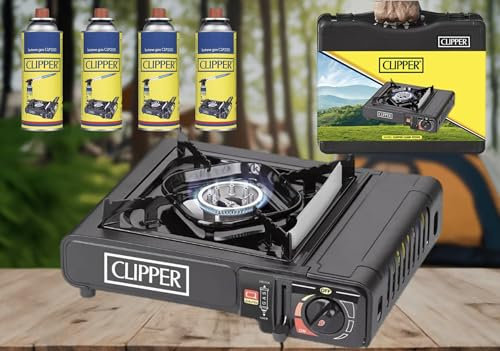 Genuine CLIPPER Brand Camping Stove with 4 Butane Gas | Premium Camping Stove Gas Portable for Outdoor Grill,Fishing, Camping & BBQ Gas Canisters for Camping Stove with Light Carry Case + 4 Butane Gas