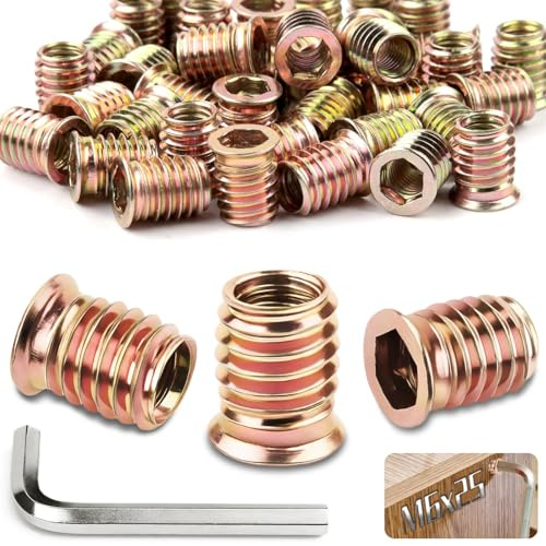 TXXATX 80 Piezas Insertos Roscados M6x25mm Tuercas para Madera | con Llaves Allen, para Paneles Compuestos, Madera Contrachapada, Pino, Muebles