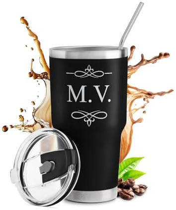 Maverton Mug Isotherme Gravé Noir 0,8l en Acier Inoxydable avec 2 Pailles | avec Brosse de Nettoyage, chaud 6h/froid 10h, Cadeau Homme Personnalisé, Cadeau anniversaire homme Initiales