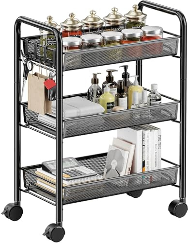 Figarge Chariot de rangement de cuisine en métal sur roulettes - Chariot utilitaire pour cuisine, buanderie, salle de bain - Facile à monter (noir)