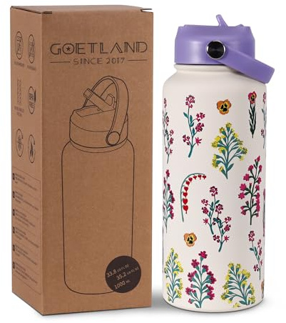 Goetland Floreale Bottiglia Termica con Cannuccia 1 Litro Borraccia Termica Bottiglia Acqua Termiche Borracce Termiche Acciaio Inox Metallo Senza BPA Isolamento Viola