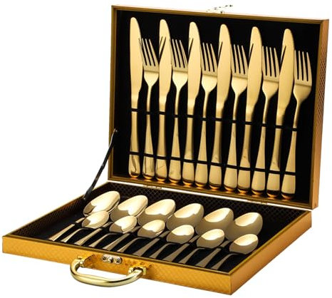 Cutlery Set Made of Stainless Steel, Polished 30-Piece Cutlery Set for 6 People, Comes with Wooden Case, Cutlery Set with Storage Box for Home, Restaurant, Hotel (Gold)