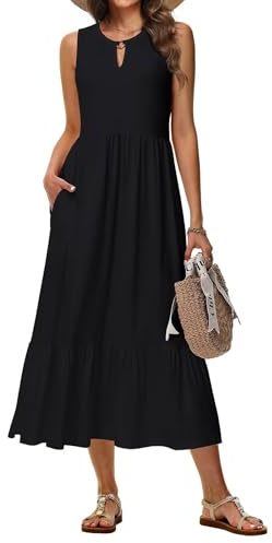 Tanmolo Sommerkleider Damen Lang Maxikleid Damen Kleid A-Linie Strandkleid Mit Rundhals Im Swing-Stil Mit Blumenmuster Ärmelloses Mit Taschen (Schwarz XXL)