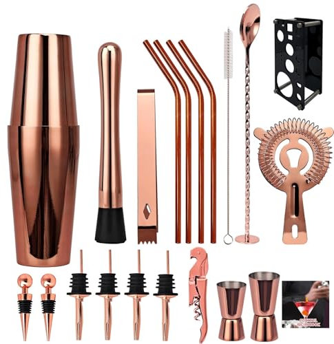 QIUYMGFG Cocteleras Cocktail Kit de 20 Piezas coctelera Boston Negra/Oro Rosa/Plata, Juego de coctelera, Herramientas de Bar, Soporte para Receta de cóctel(Rosegold1)