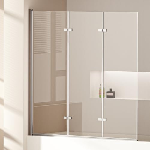 EMKE Panel de ducha para bañera 130x140 cm, mampara de bañera plegable de 3 piezas, separación de ducha para bañera, panel de bañera de vidrio de seguridad de 6 mm, fácil de limpiar