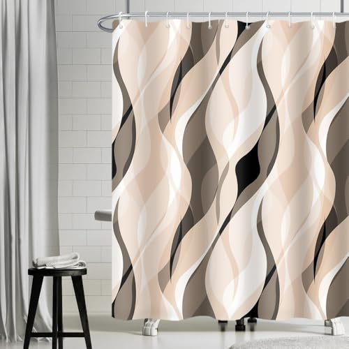 Uiiooazy Cortina de ducha antimoho, cortina de ducha 180 x 180 cm, crema a rayas naranja claro marrón, banda cortinas de baño tela lavable impermeable poliéster cortinas para bañera con 12 anillos