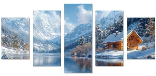 TODOAA 5 pezzi Natura Paesaggio invernale Quadri su tela, Scena dell'albero della capanna invernale Foresta neve, Quadri Moderni Murale parete Decorazioni parete soggiorno -100x200cm Non incorniciato