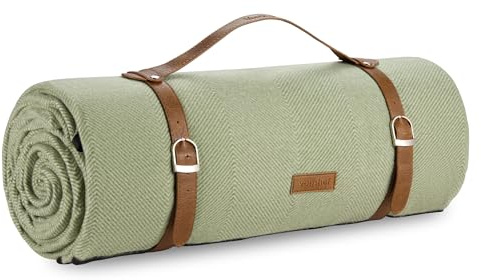 VonShef Picnic Blanket, Green Herringbone Extra Large Outdoor Rug with Waterproof Backing, 10 Person Weatherproof Picnic Mat with Faux Leather Handle, Water Resistant Camping Accessories, 200x300cm