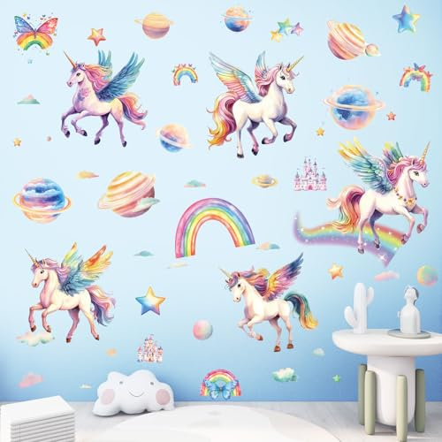 SHUHCING Einhorn Aufkleber für Mädchen | Wandtattoo Regenbogen Einhorn, Selbstklebend Wandsticker für Mädchen Kinderzimmer Babyzimmer