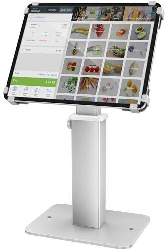 AboveTEK Anti-Diebstahl Tablet Ständer, 360° Drehbar & Höhenverstellbar 8.3–13.4, Robuster Stahl & Aluminium, Passend für 9,7-13 Tablets, Sicherer POS Tablet Ständer für Geschäft & Kasse-Weiß