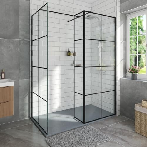 Aquariss 1200x700mm Black Walk in Shower Enclosure Wet Room 8mm Grid Easy Clean 700mm + 700mm Shower Screen Panel Glass + 215mm Return Panel + Anthracite SMC Shower Tray and Waste