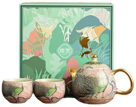 RSBFER Tetera de cerámica, Juego de té Chino de Kung fu, Tetera pequeña con diseño de Pavo Real Pintado a Mano con 2 Tazas, Caja de Regalo para Amantes del té